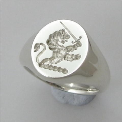 Demi lion holding sword silver crest signet ring